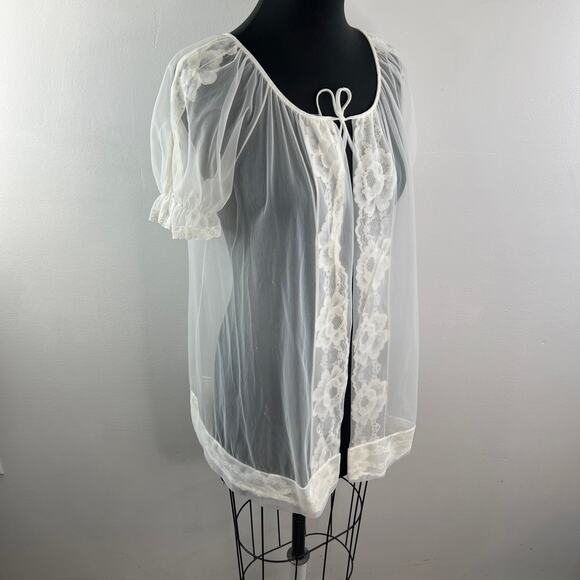 Vintage Movie Star White Sleep Robe Sheer Floral Lace Scoop Neck Tie Sz S Small - Picture 7 of 12
